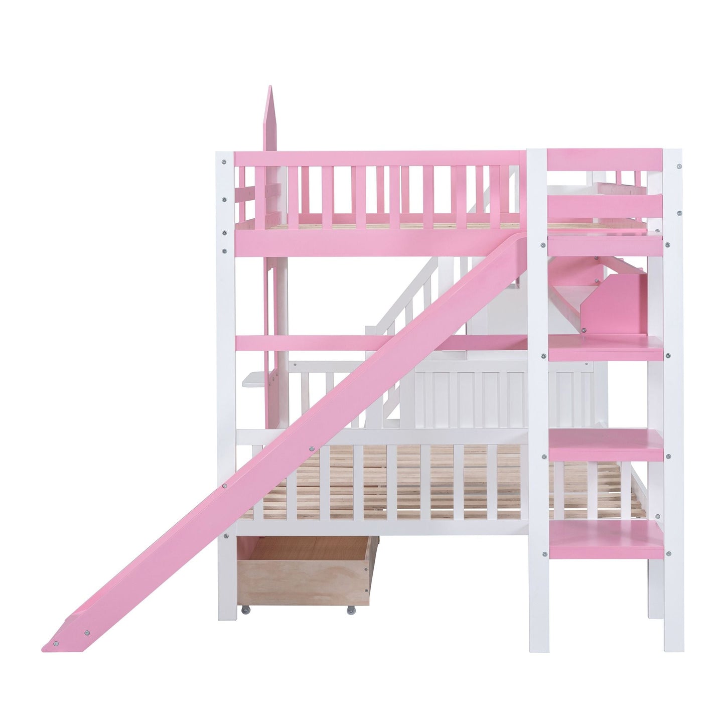 House-Style Full Over Full Wood Castle Bunk Bed with Drawers, Shelves, and Slide, Pink | Just Better Bunk Beds