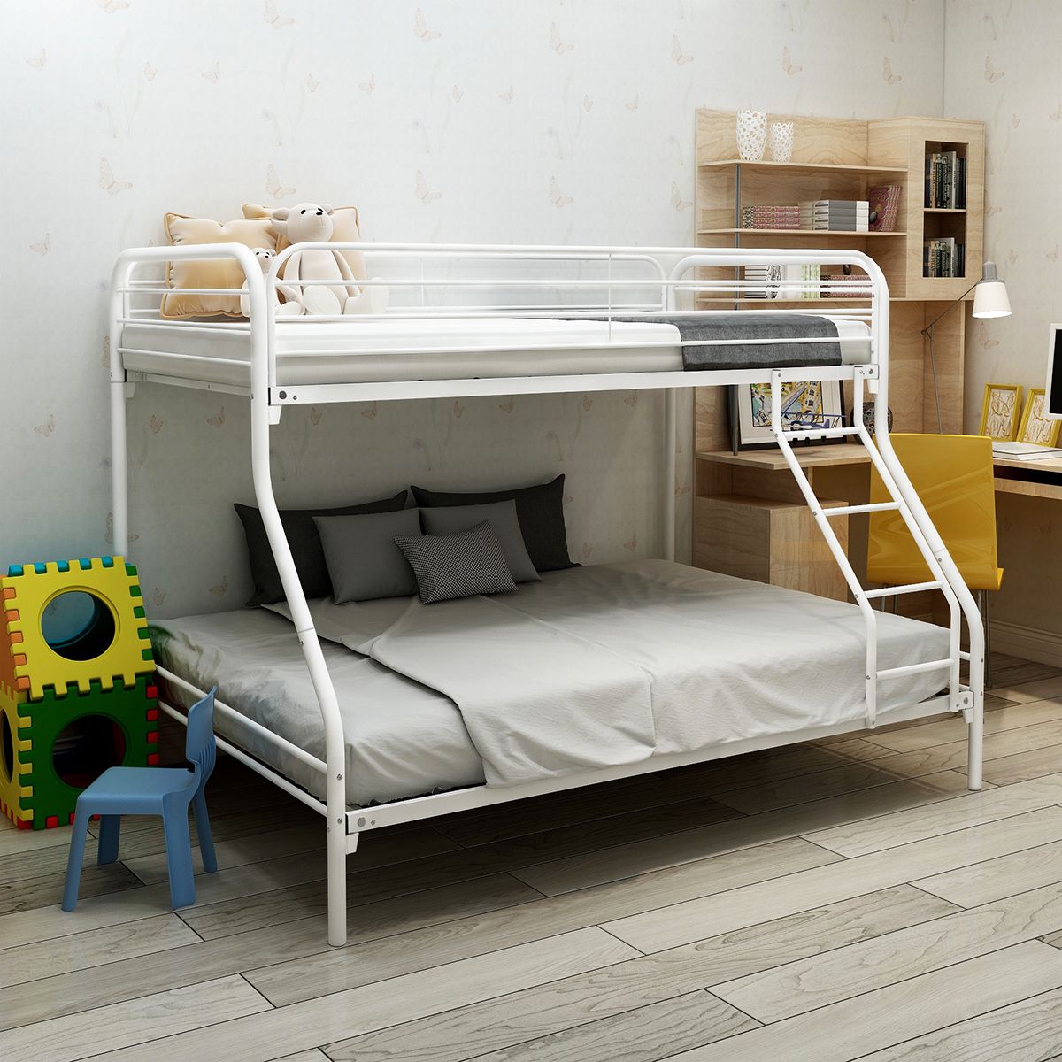 Twin-Over-Full Metal Bunk Bed, Heavy Duty Bunk Bed, Easy Assembly with Enhanced Upper-Level Guardrail, White
