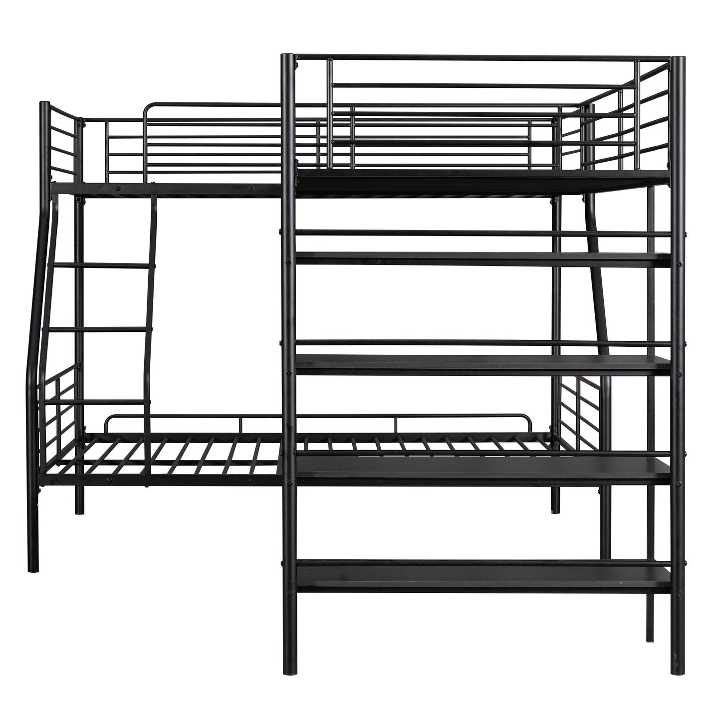 L-Shaped Metal Twin Over Full Bunk Bed and Loft Bed with Built-in Shelves, Black | Just Better Bunk Beds