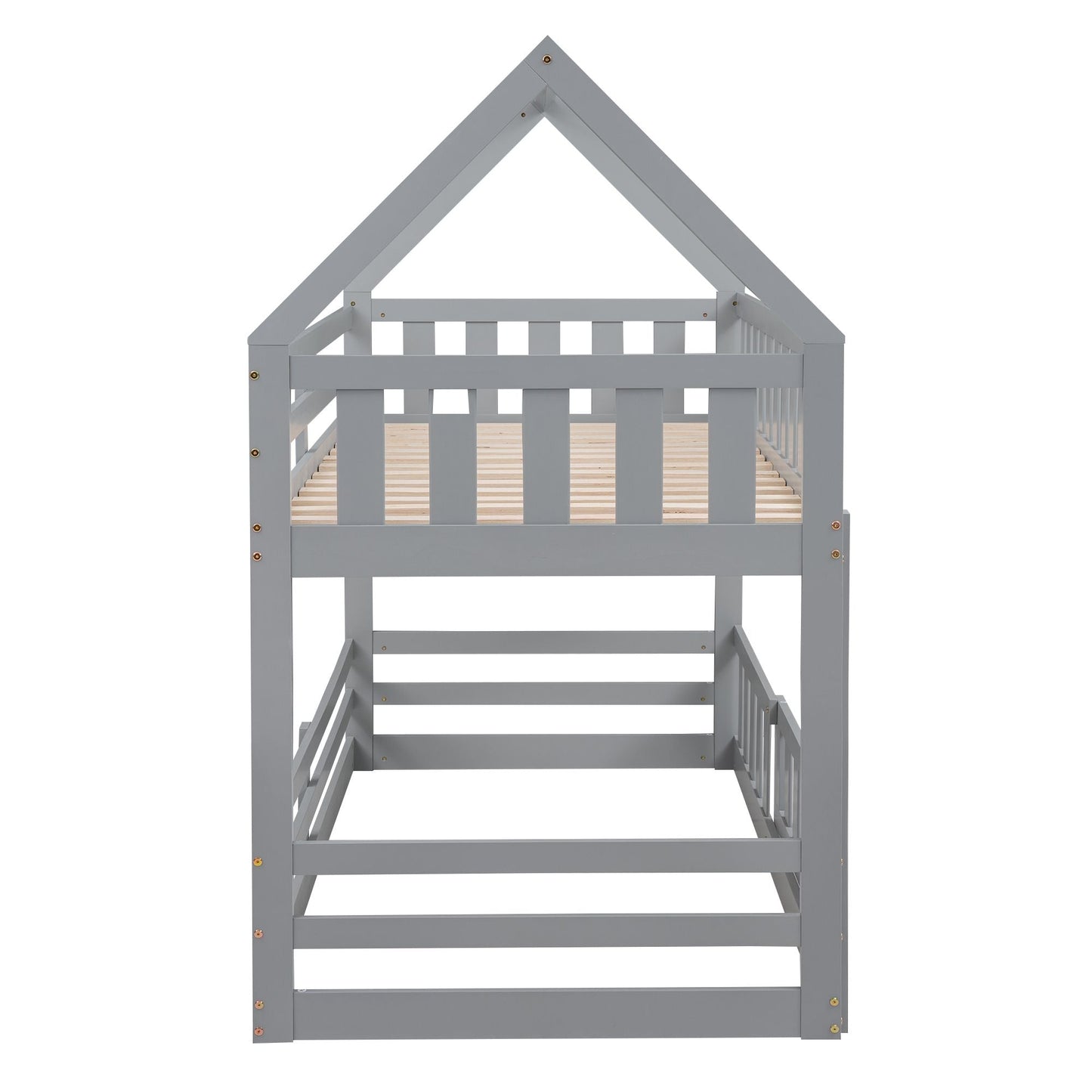 Kids Bedroom Twin Over Twin Wood House Bunk Bed with Fence and Door, Gray | Just Better Bunk Beds