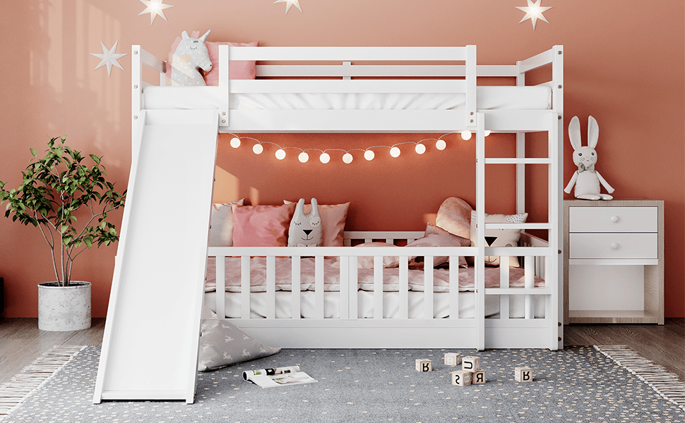 Twin Over Twin Bunk Bed with Slide and Ladder, White