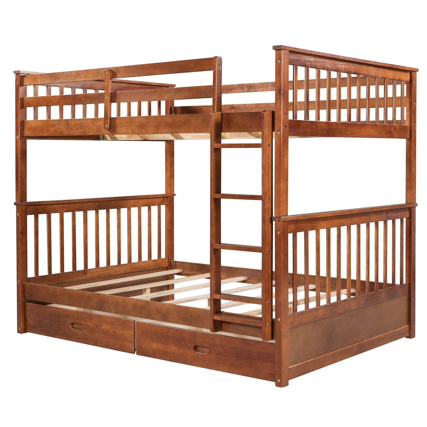 Storage-Enhanced Full Over Full Wood Bunk Bed with Ladders, Two Drawers, White | Just Better Bunk Beds