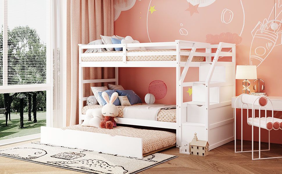 Space-Saving Twin Over Twin Wood Bunk Bed with Twin Trundle and 3 Storage Stairs, White | Just Better Bunk Beds