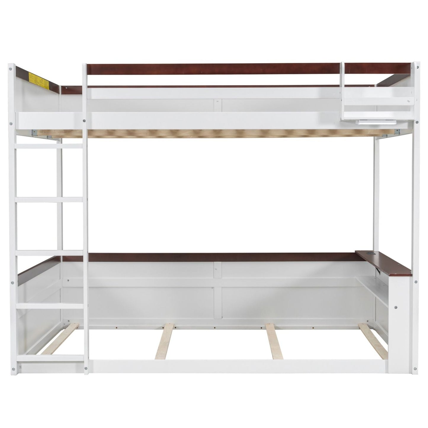 Queen Size Wooden Bunk Bed with Built-in Shelves, Storage Box, LED Light and USB Charging Station, White