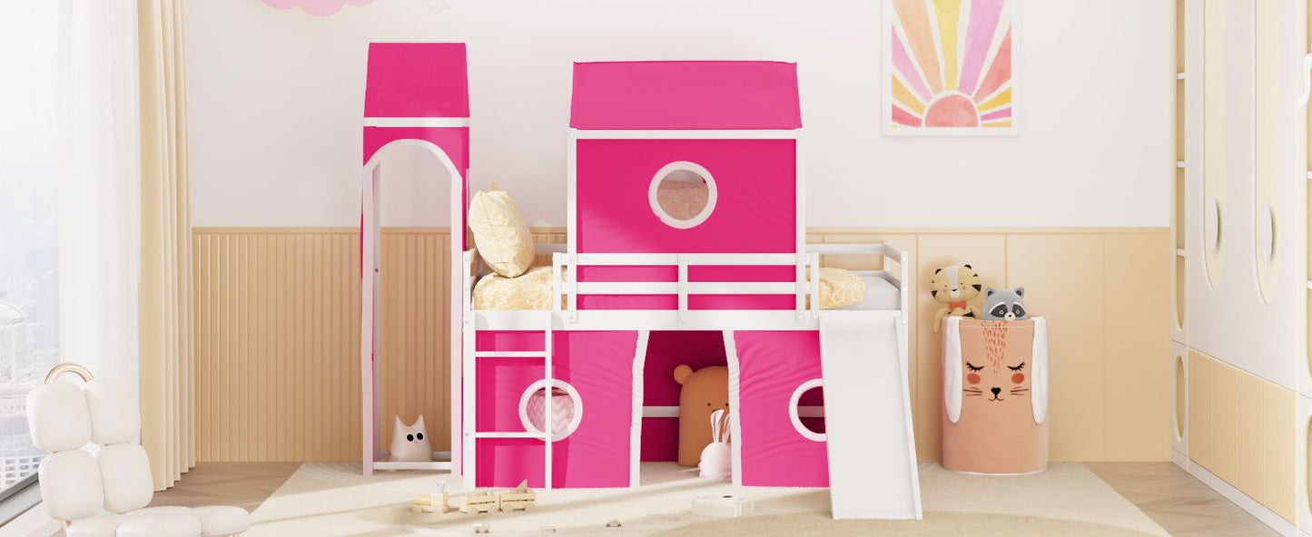 Kids Bedroom Twin Loft Bed with Slide, Pink Tent and Tower, Pink Wood | Just Better Bunk Beds