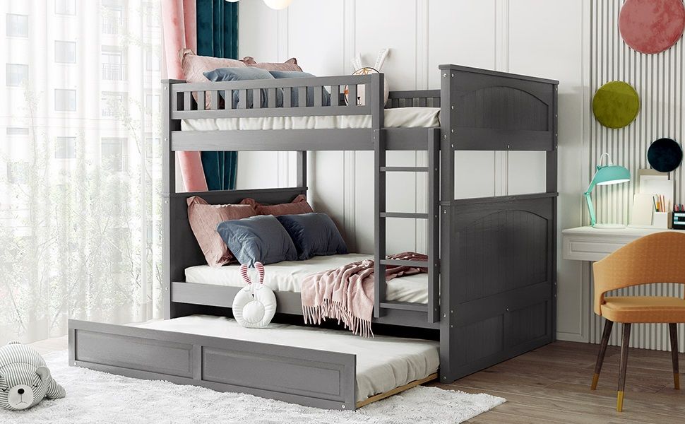 Shared Room Solution Full Over Full Pine Wood Bunk Bed with Twin Trundle and Guardrails, Brushed Gray | Just Better Bunk Beds