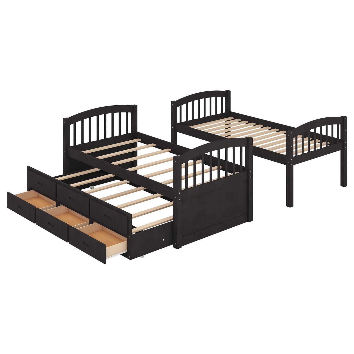 Shared Room Solution Twin Over Twin Wood Bunk Bed with Trundle and Drawers, Espresso | Just Better Bunk Beds