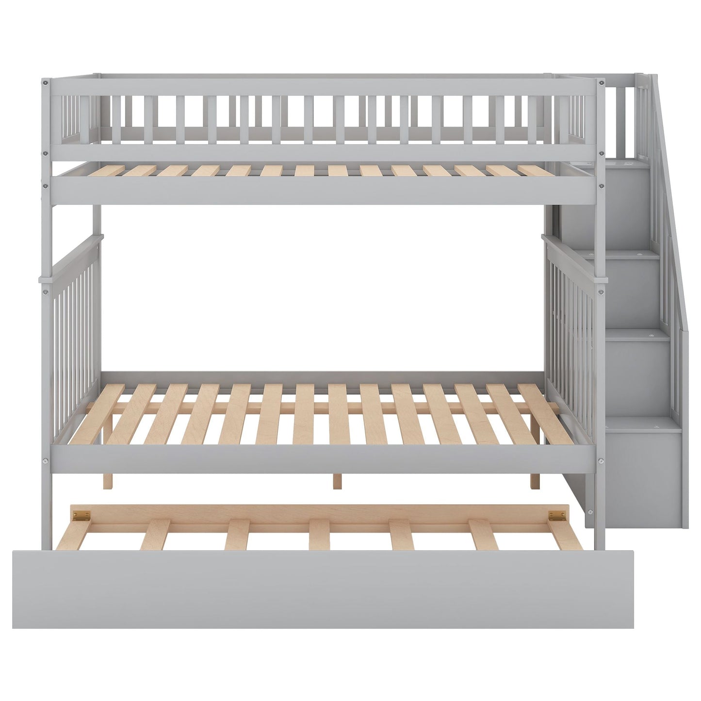 Staircase Storage Full Over Full Wood Bunk Bed with Trundle, Gray | Just Better Bunk Beds