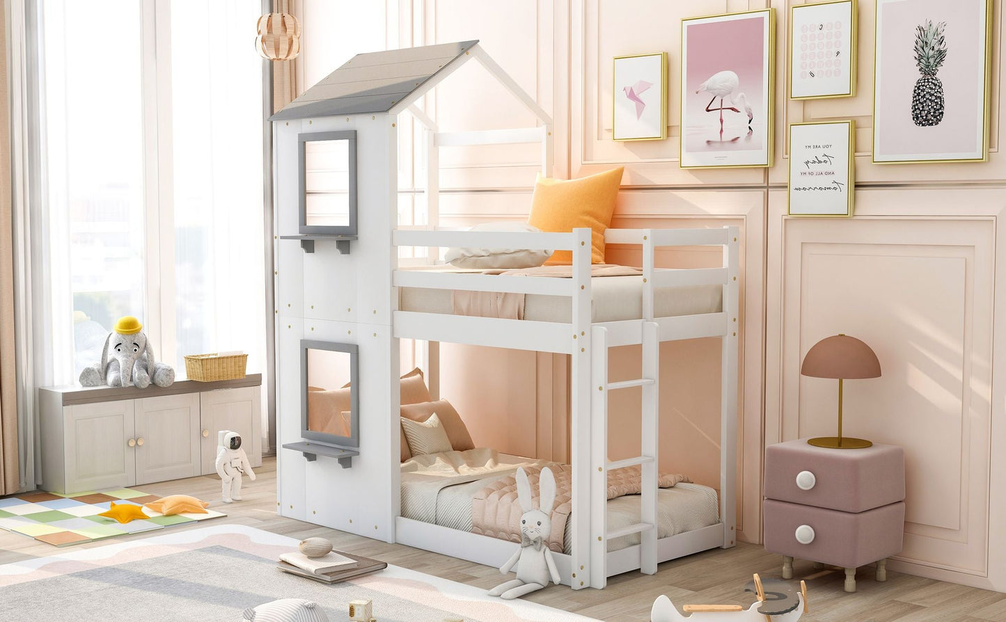 Kids Bedroom Twin Over Twin Wood Bunk Bed with Roof, Window, Guardrail, Ladder, White | Just Better Bunk Beds