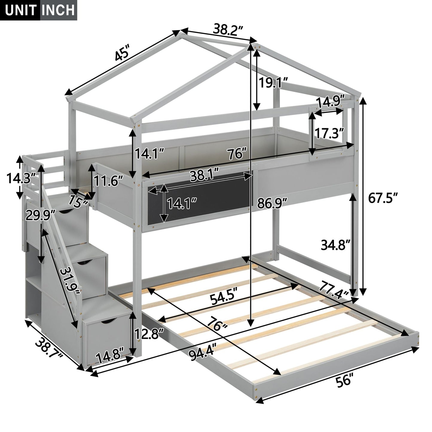 Staircase Storage Twin Over Full Wood House Bunk Bed with Blackboard, Gray and White | Just Better Bunk Beds