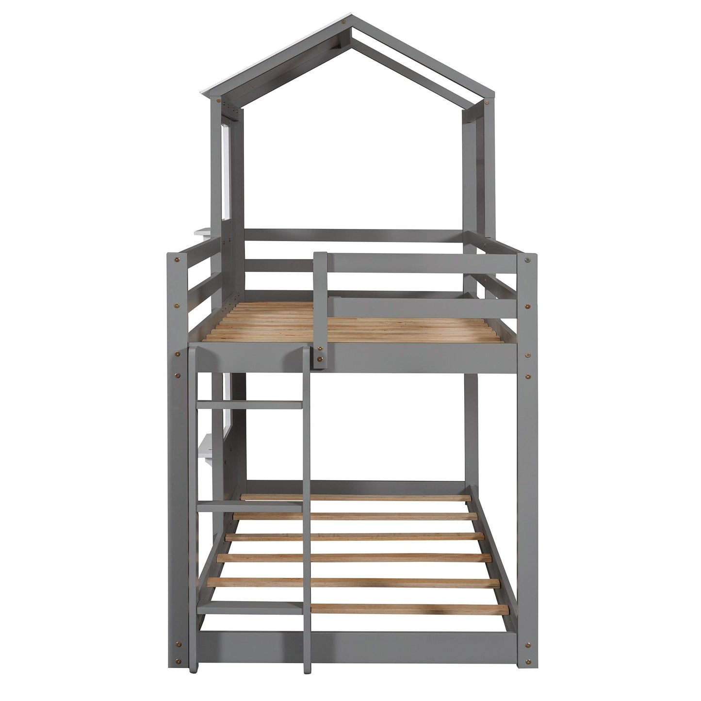 Twin Over Twin Bunk Bed Wood Bed with Roof, Window, Guardrail, Ladder White