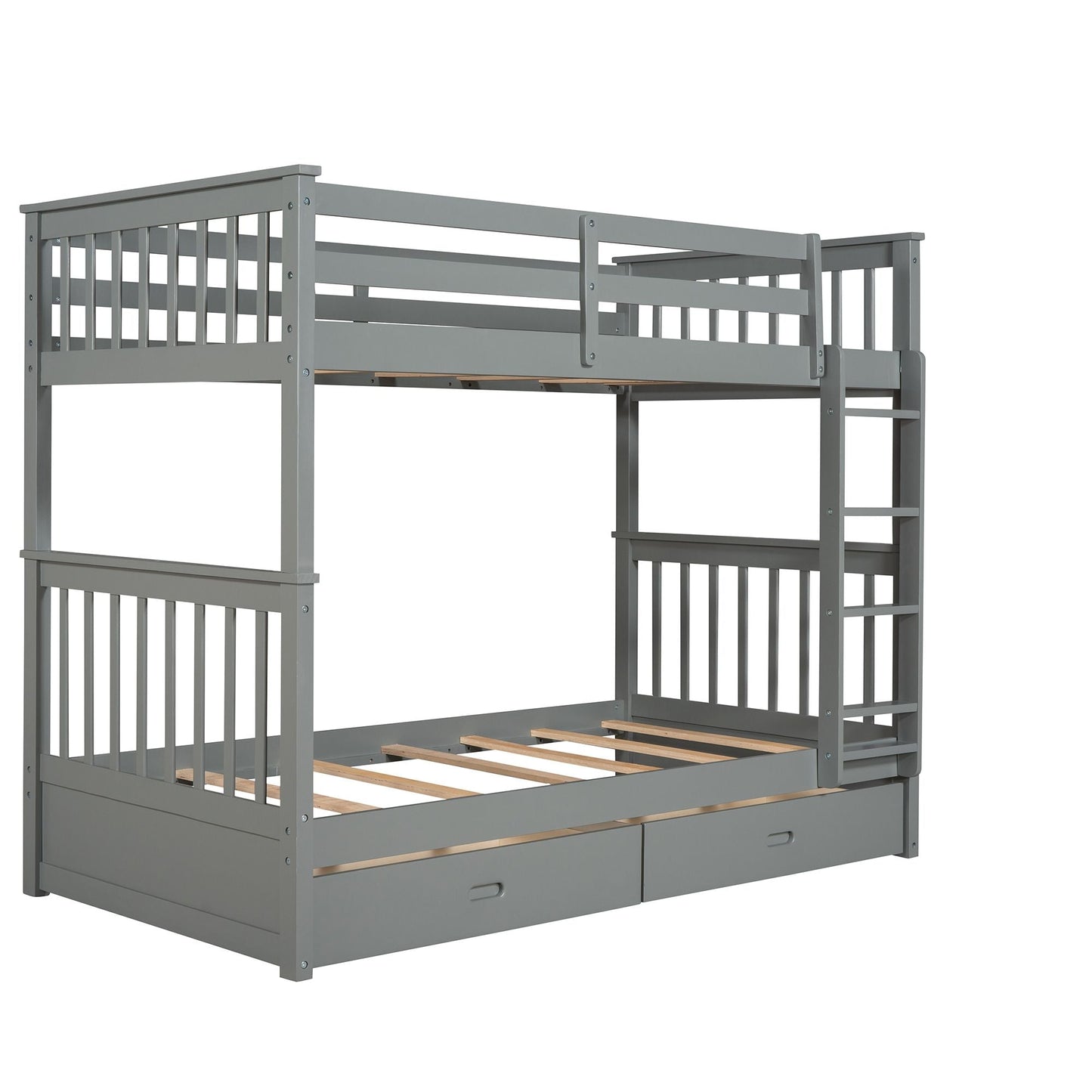 Storage Twin Over Twin Wood Bunk Bed with Ladders and Two Drawers, White | Just Better Bunk Beds