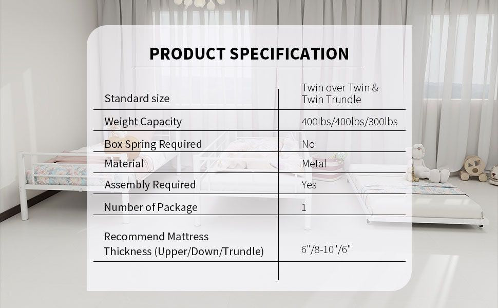 Heavy-duty Sturdy Meta Twin over Twin Bunk Bed/l/ Noise Reduced/ Safety Guardrail/No Box Spring Needed, White