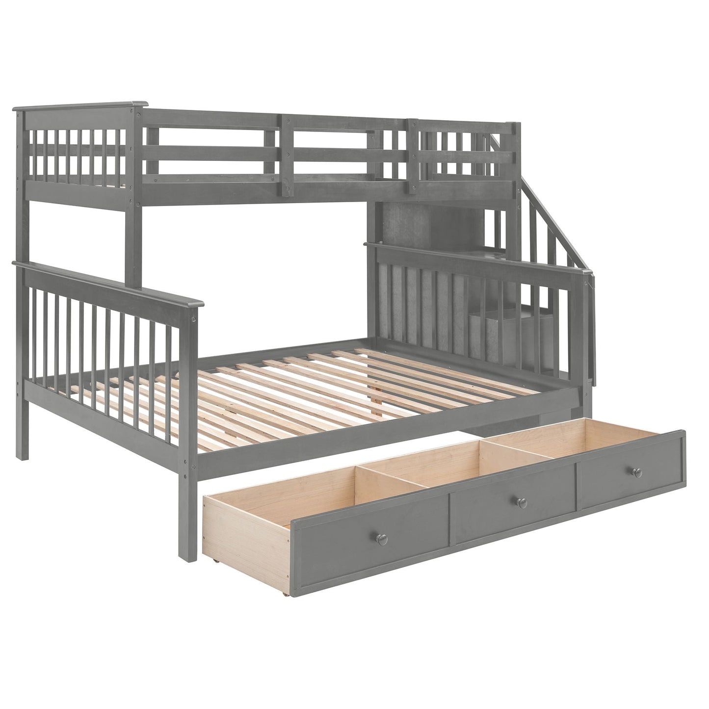 Staircase Storage Twin Over Full Wood Bunk Bed with Drawer, Storage, and Guard Rail, Gray | Just Better Bunk Beds