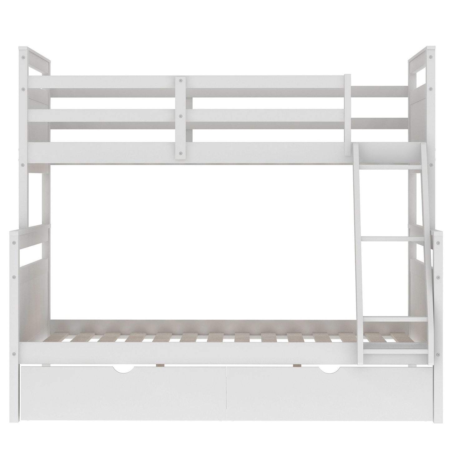 Kids Bedroom Twin Over Full Wood Bunk Bed with Ladder, Two Storage Drawers and Safety Guardrail, White | Just Better Bunk Beds