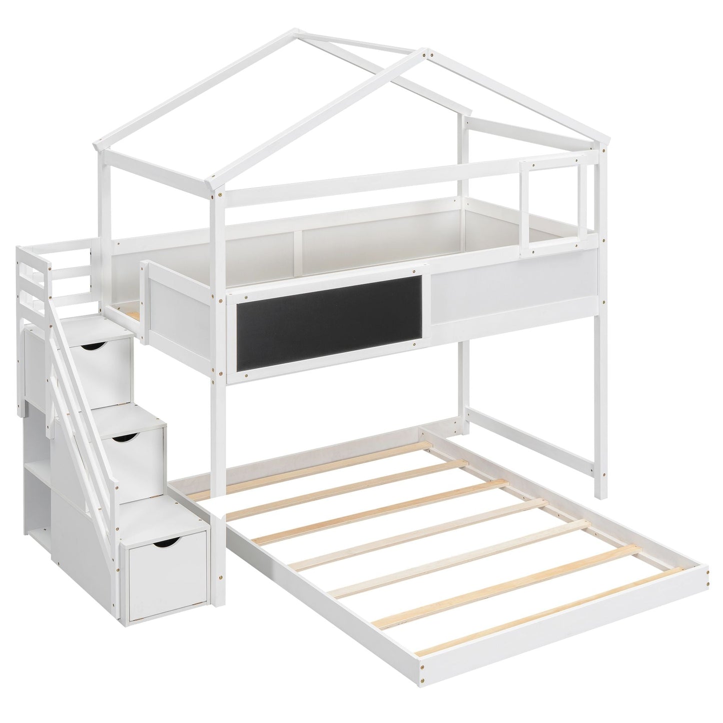 House-Style Twin Over Full Wood Bunk Bed with Storage Staircase, Blackboard, White | Just Better Bunk Beds