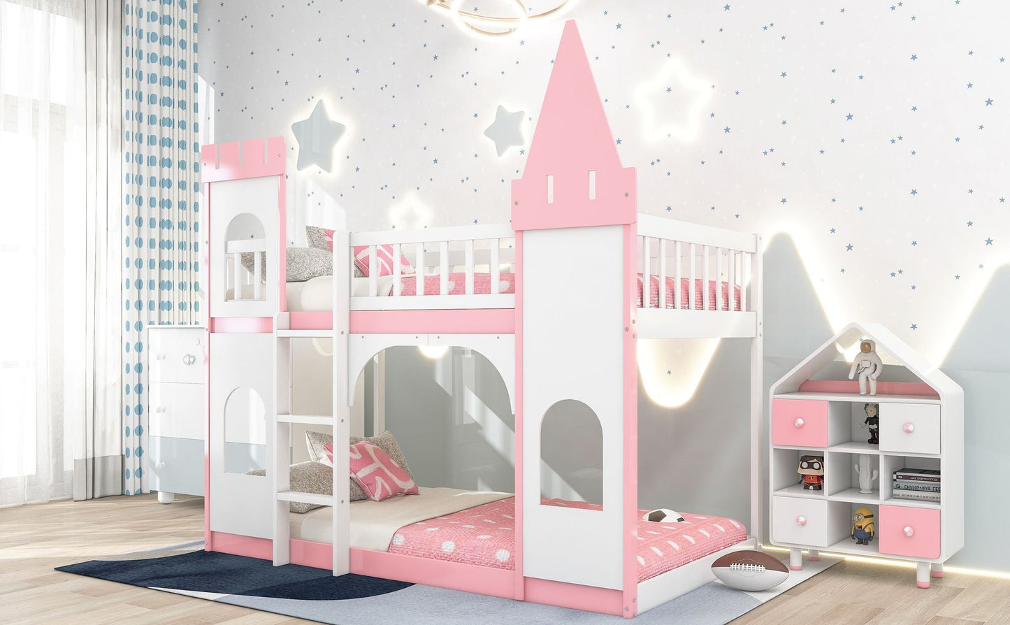 House-Style Twin Over Twin Wood Castle Bunk Bed with Ladder, Pink | Just Better Bunk Beds