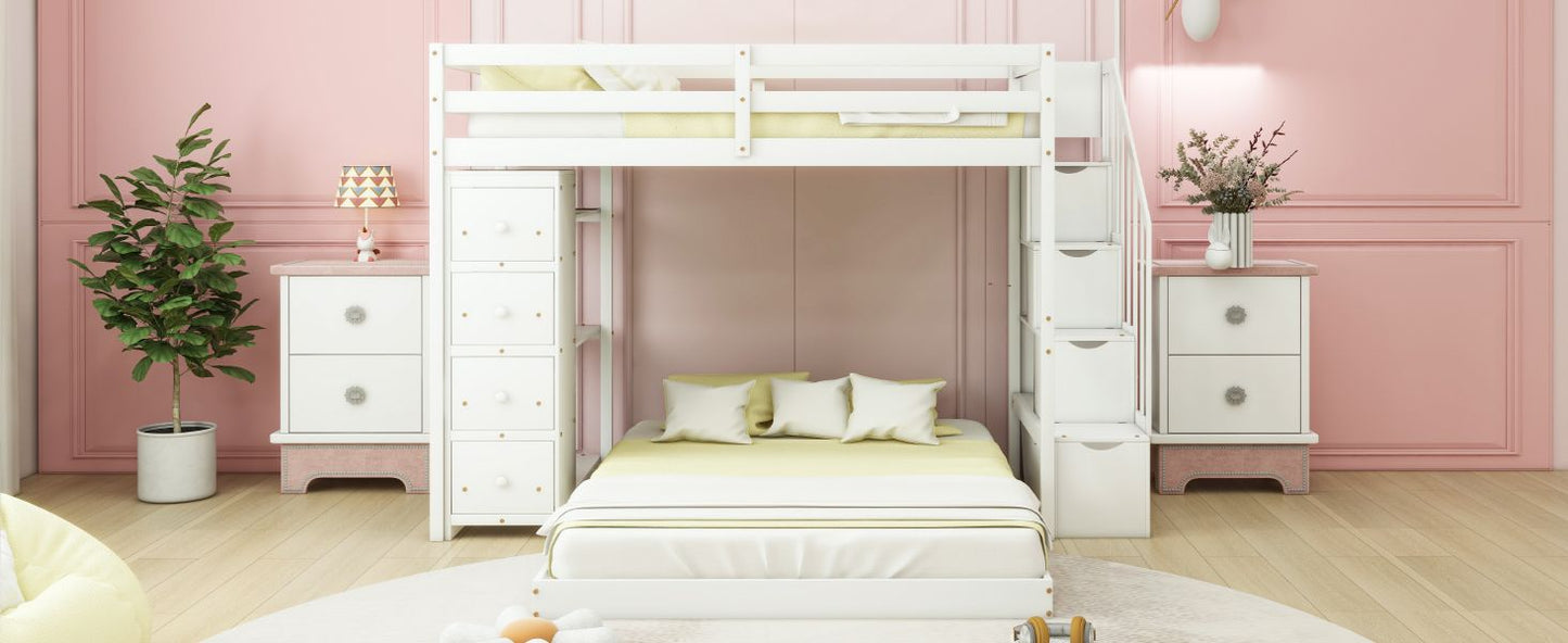 Storage Staircase Twin Over Full Wood Bunk Bed with 3-Layer Shelves and Drawers, White | Just Better Bunk Beds