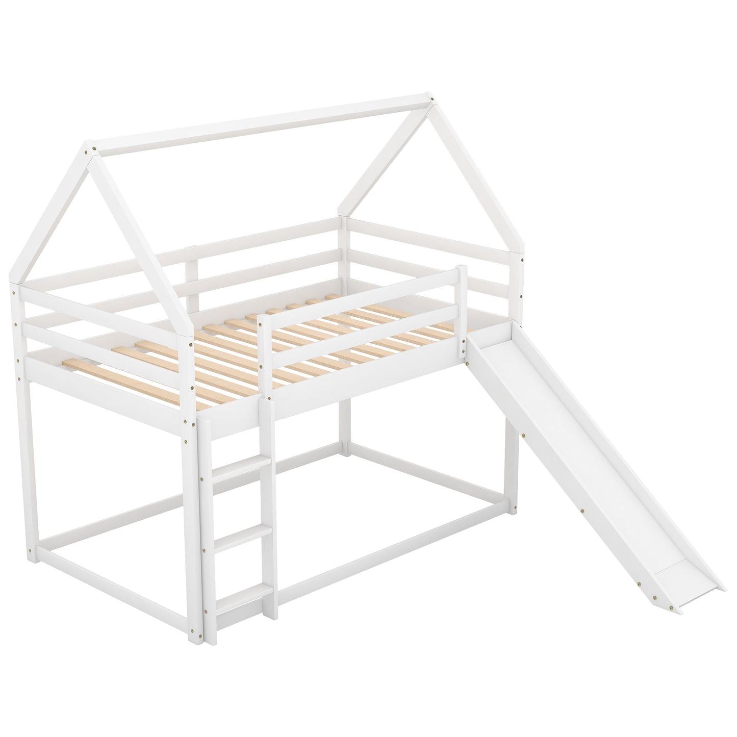 Kids Bedroom Twin Wood Bunk House Bed with Slide and Ladder, White | Just Better Bunk Beds