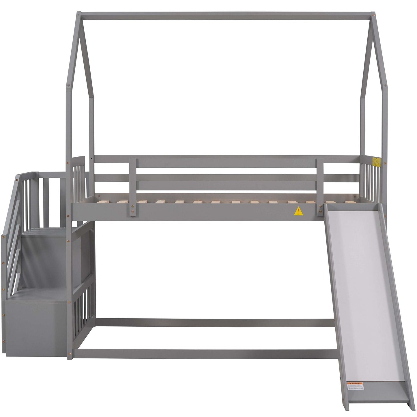 House-Style Twin Over Twin Wood Bunk Bed with Convertible Slide and Storage Staircase, Gray | Just Better Bunk Beds