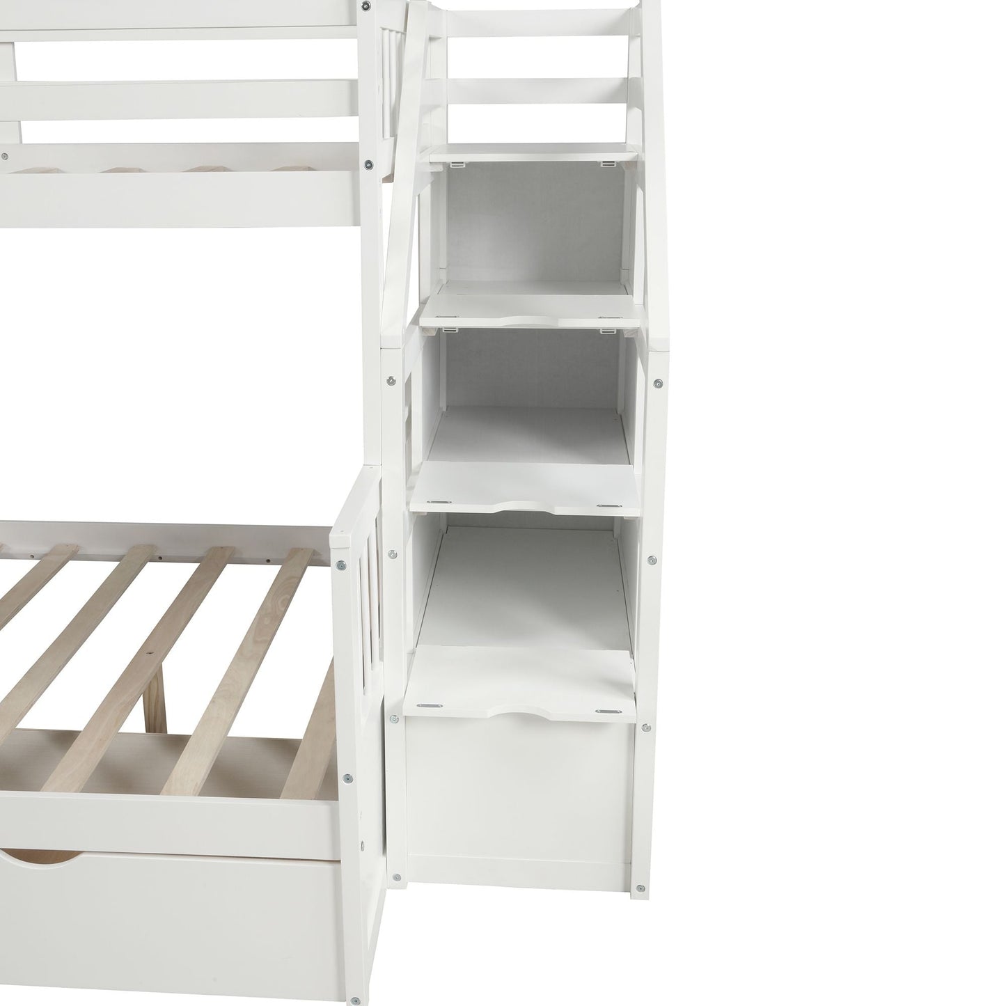 Multifunction Twin Over Full Wood Bunk Bed with Drawers, Storage and Slide, White | Just Better Bunk Beds