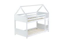 Twin Over Twin House Floor Bunk Bed with Headboards, Footboards and Guardrails, Ladder, Rubber Wood Bunk Bed with Safety Guardrails, White