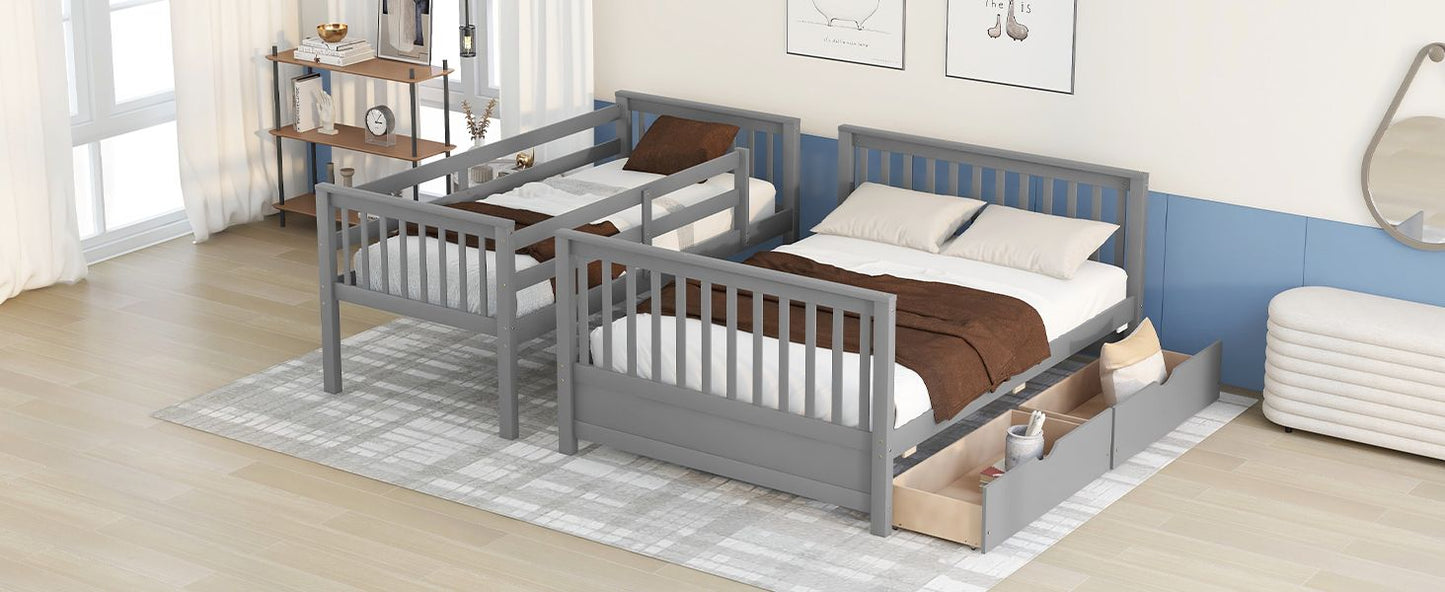 Kids Bedroom Twin Over Full Wood Bunk Bed with Ladders and Storage Drawers, Gray | Just Better Bunk Beds