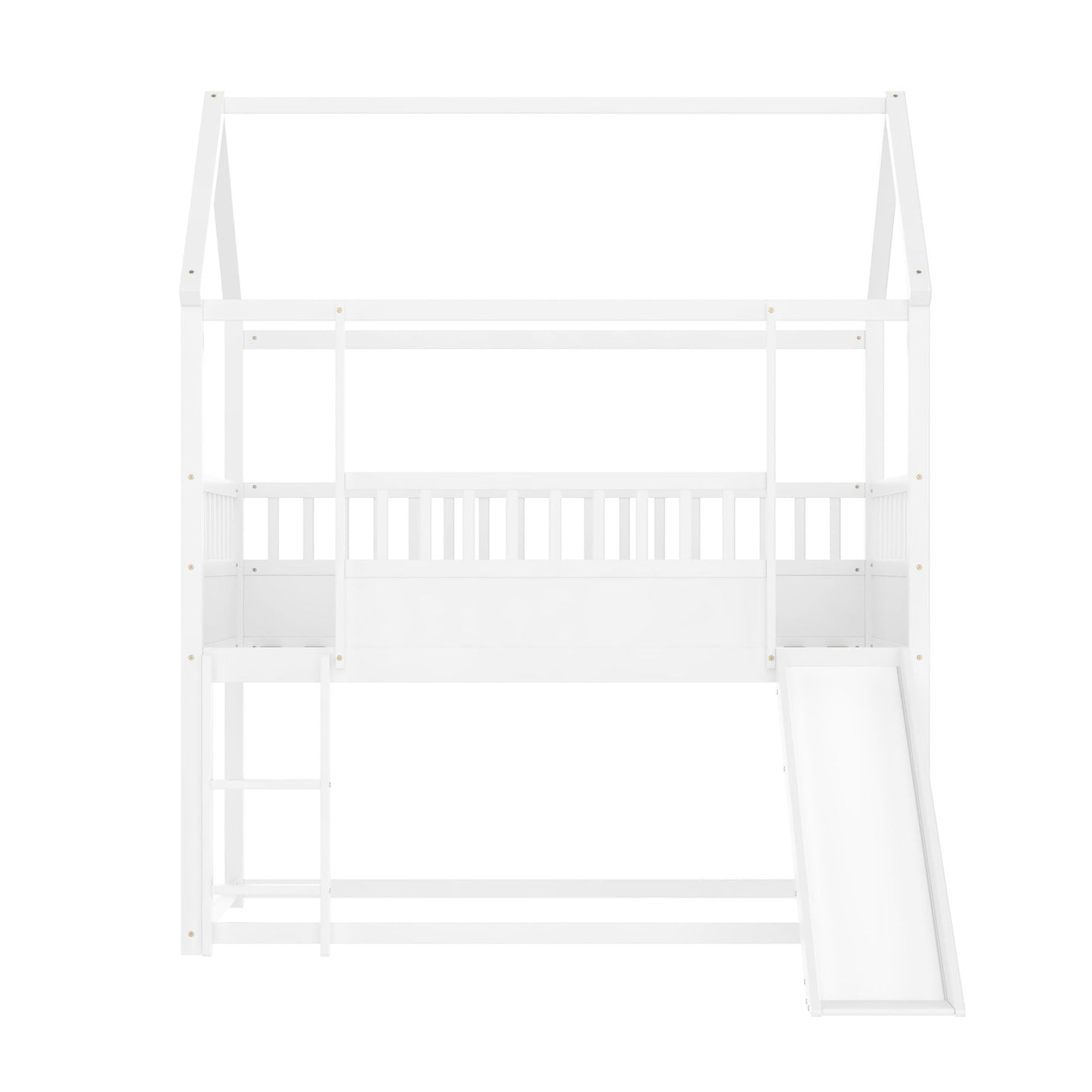 House-Style Twin Over Twin Wood Bunk Bed with Convertible Slide and Guardrail, White | Just Better Bunk Beds