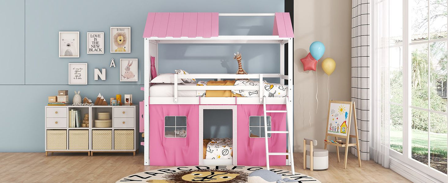 Kids Bedroom Twin Wood House-Style Bunk Bed with Elegant Windows, Sills and Tent, Pink and White | Just Better Bunk Beds