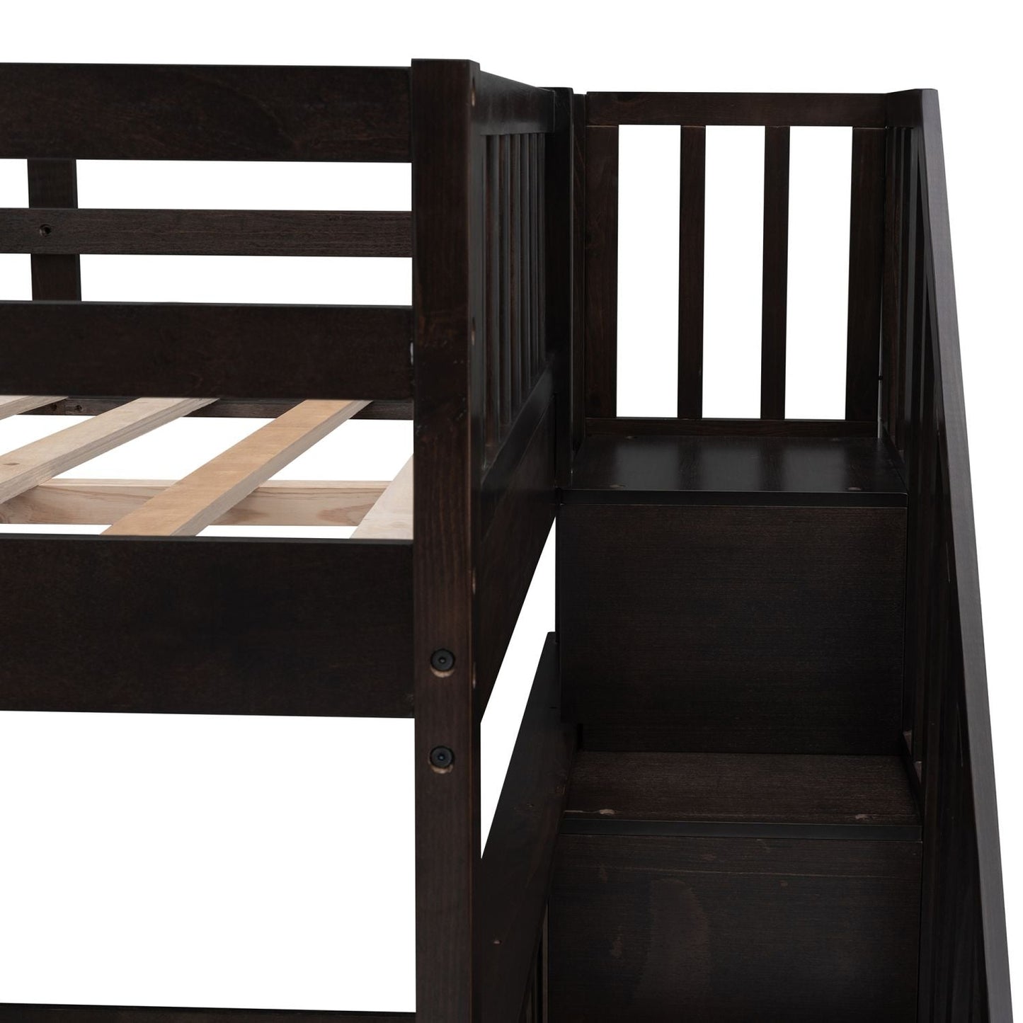 Staircase Storage Full Over Full Wood Bunk Bed with Storage and Guard Rail, Espresso | Just Better Bunk Beds