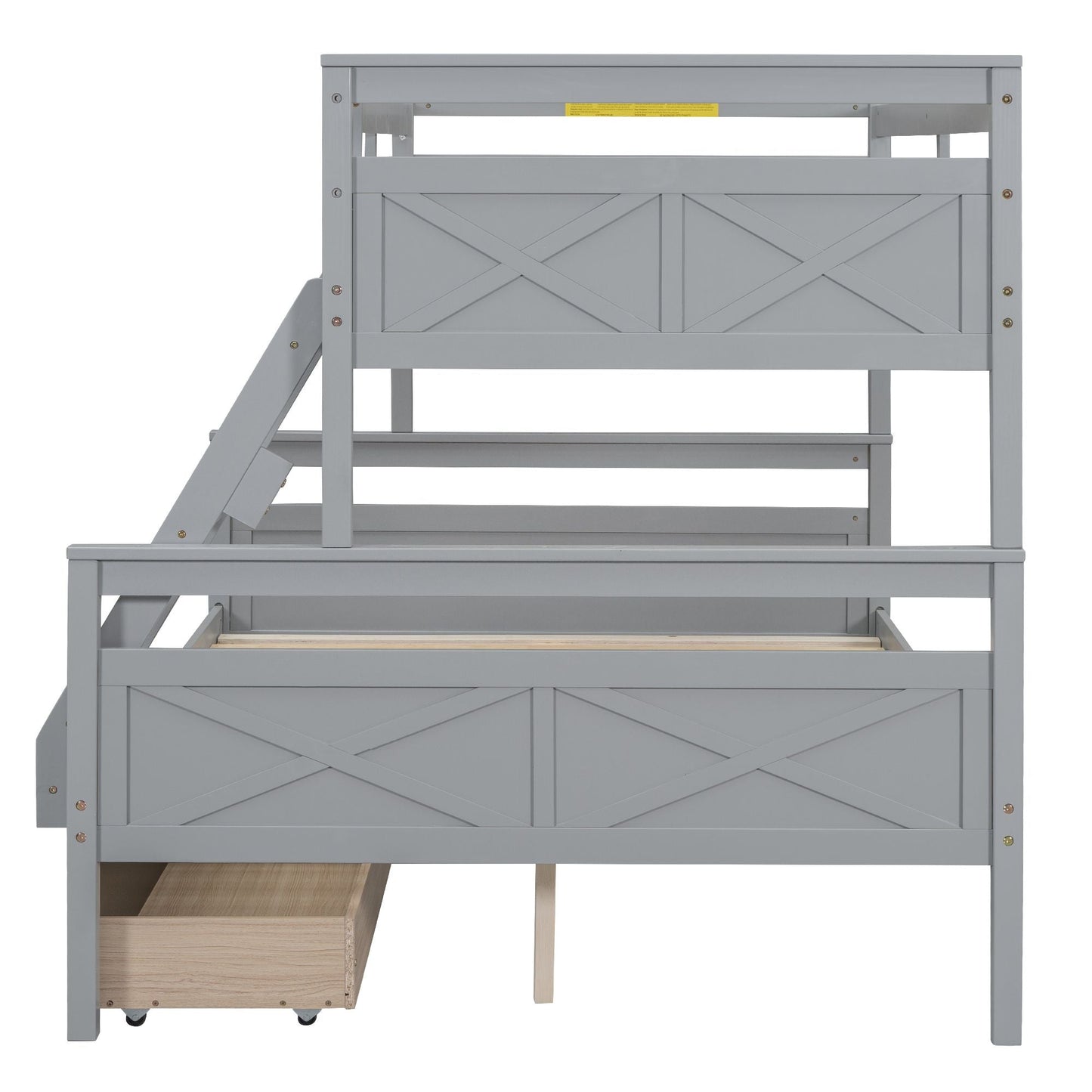 Heavy-Duty Twin Over Full Wood Bunk Bed with Ladder, Storage Drawers, Safety Guardrail, Gray | Just Better Bunk Beds