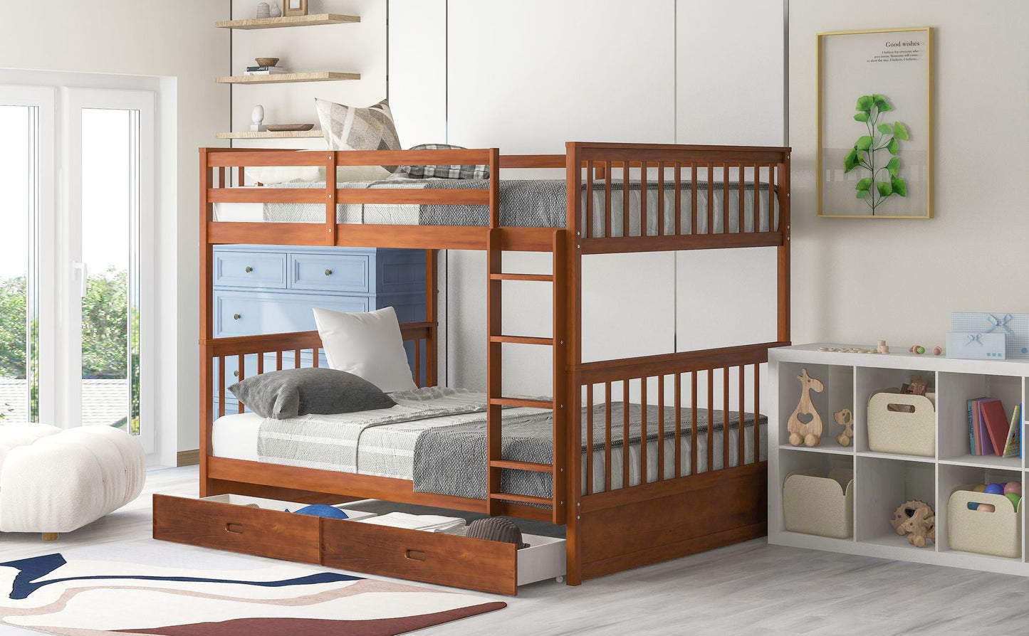 Shared Room Solution Full Over Full Wood Bunk Bed with Ladders and Storage Drawers, Walnut | Just Better Bunk Beds