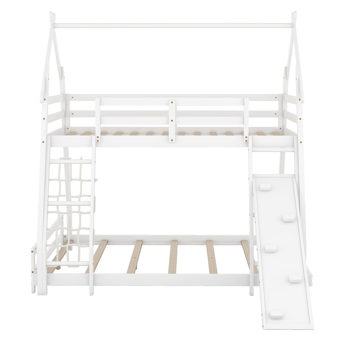 House-Style Twin Over Queen Wood Bunk Bed with Climbing Nets and Ramp, White | Just Better Bunk Beds