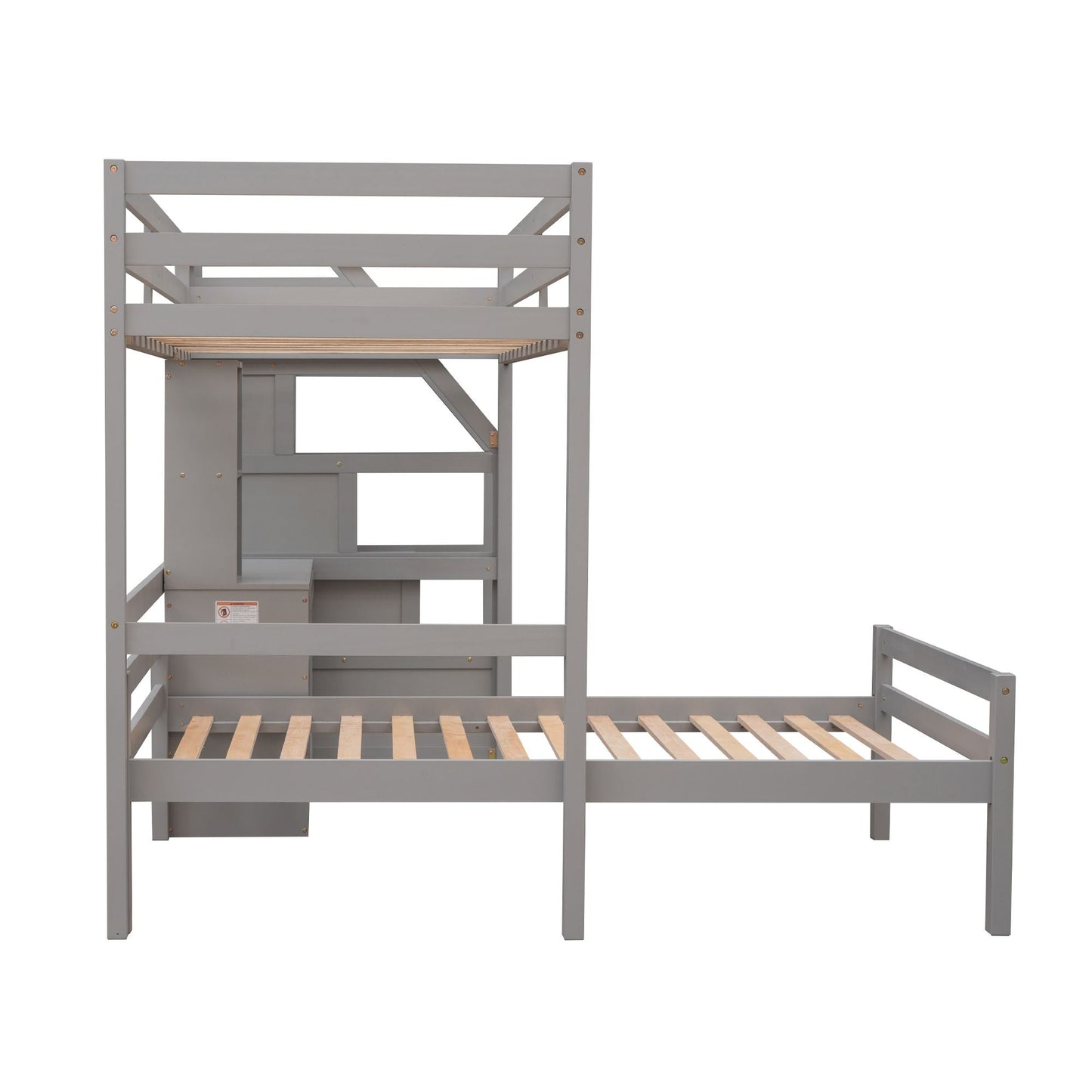 Space-Saving Twin Wood Loft Bed with Stand-Alone Bed, Storage Staircase, Desk, Shelves and Drawers, White | Just Better Bunk Beds