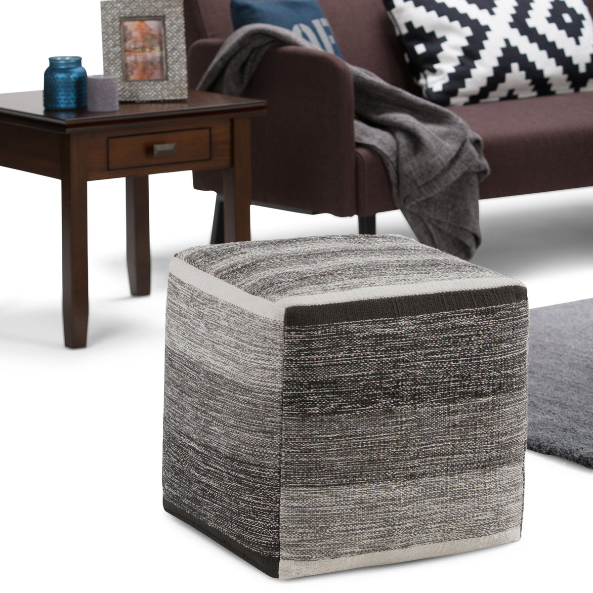 Naya 16 Inch Wide Cube Pouf in Black/Grey Handwoven Cotton