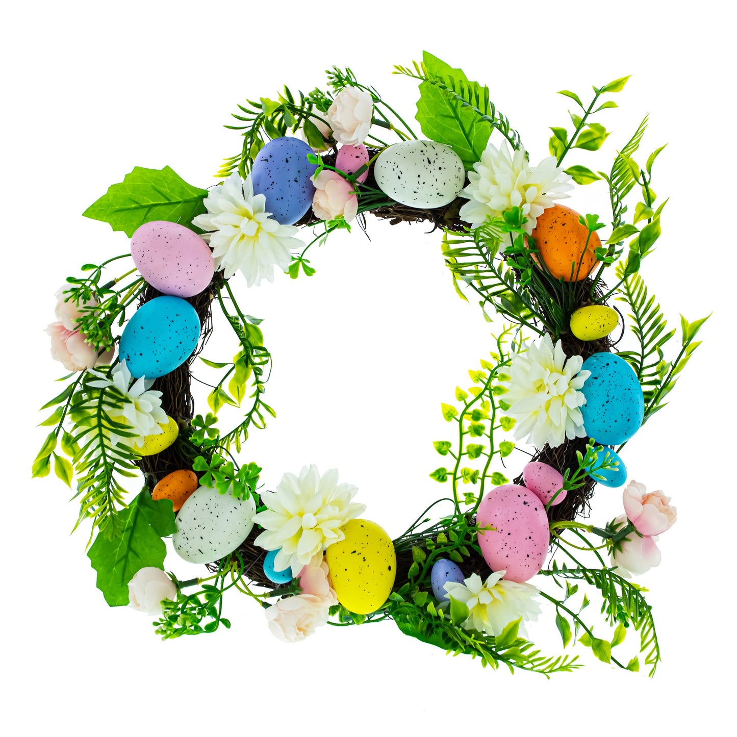 Easter Egg & Floral Wreath – Spring Door Decoration with Speckled Eggs & Flowers 13 Inches