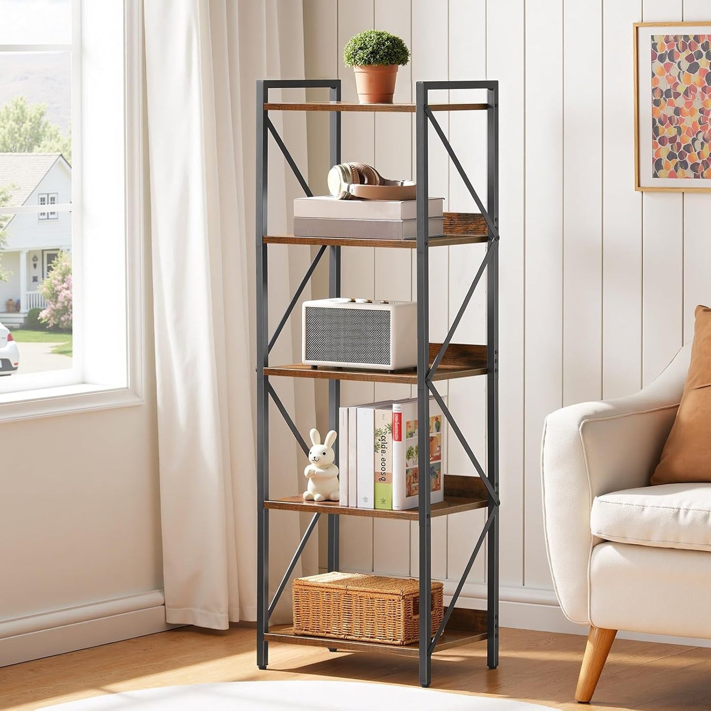 Industrial 5-Tier Bookshelf With Metal Frame 52-Inch Brown