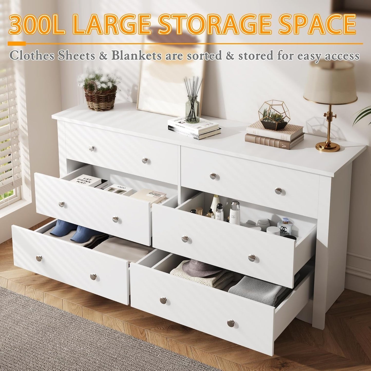 6 Drawer Dresser and TV Stand in White for 65 Inch TV