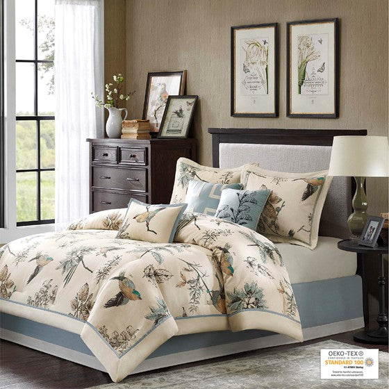 7 Piece Printed Cotton Twill Comforter Set - Khaki Cal King
