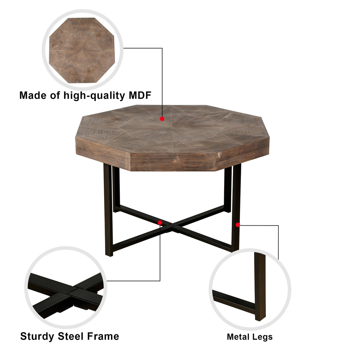 Wood Octagonal Vintage Patchwork Craft Farmhouse Coffee Table