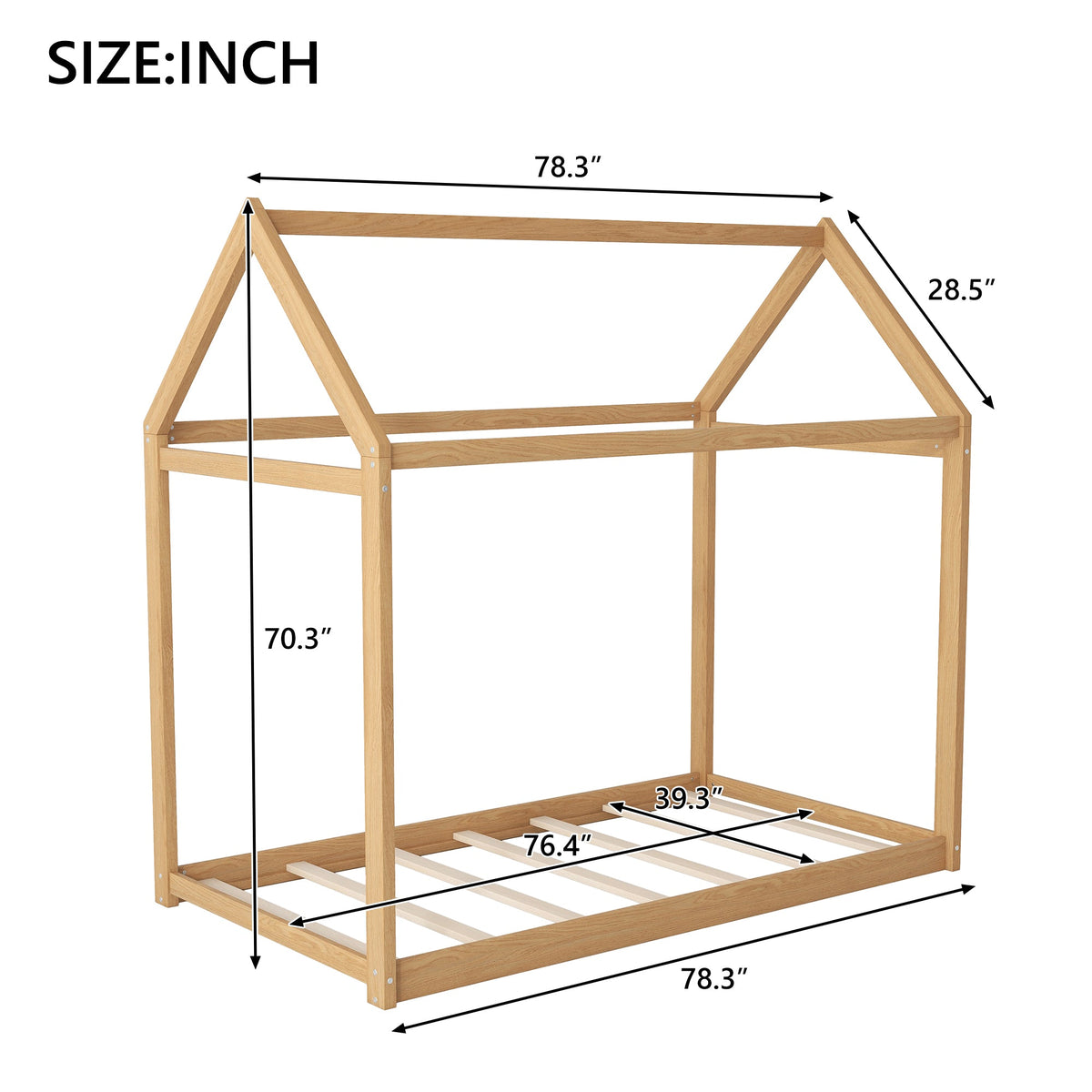 Twin Size Wooden House Bed, Wood Color