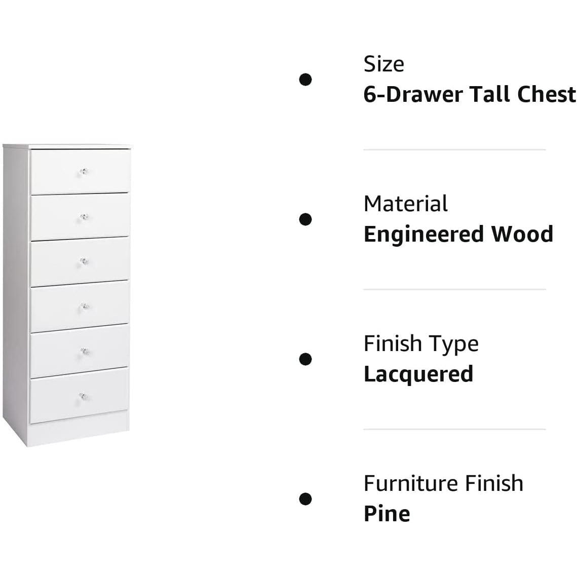6-Drawer Tall Chest Dresser With Acrylic Knobs Solid Wood