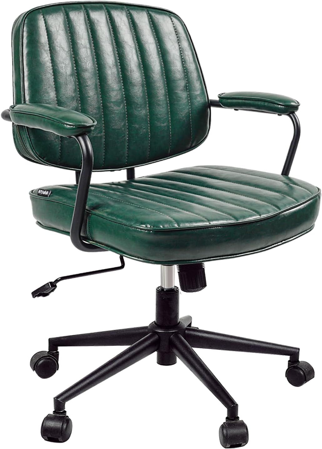 Green Leather Mid Century Office Chair With Wheels And Arms