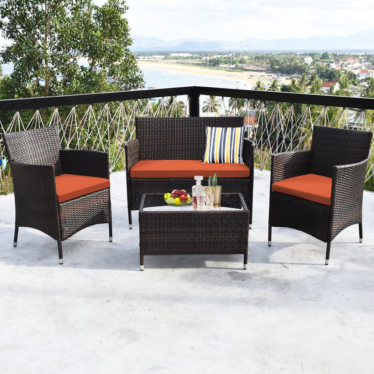 Rattan Patio Set With Cushioned Chairs And Glass Table
