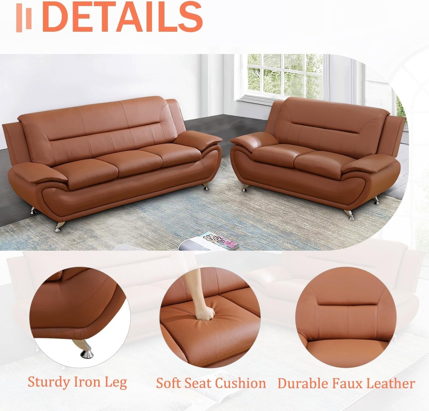 Faux Leather Two Piece Sofa Set In Orange With Wood Frame