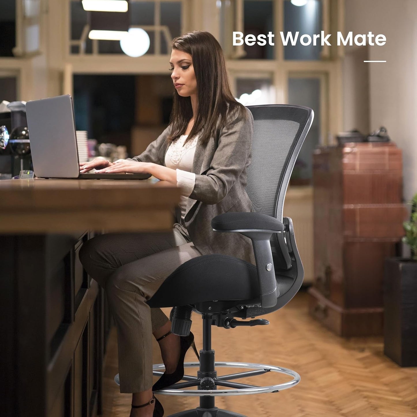 Black Mesh Ergonomic Drafting Chair With Height Adjustable Armrests