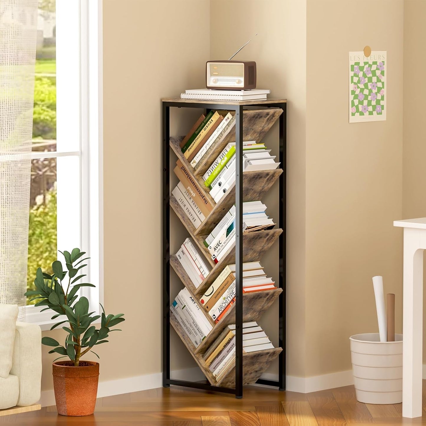 Tree Bookshelf 9 Tier Floor Standing Wooden Bookcase For Small Spaces