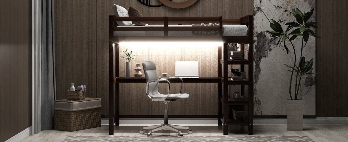 Twin Size Loft Bed with Storage Shelves and LED
