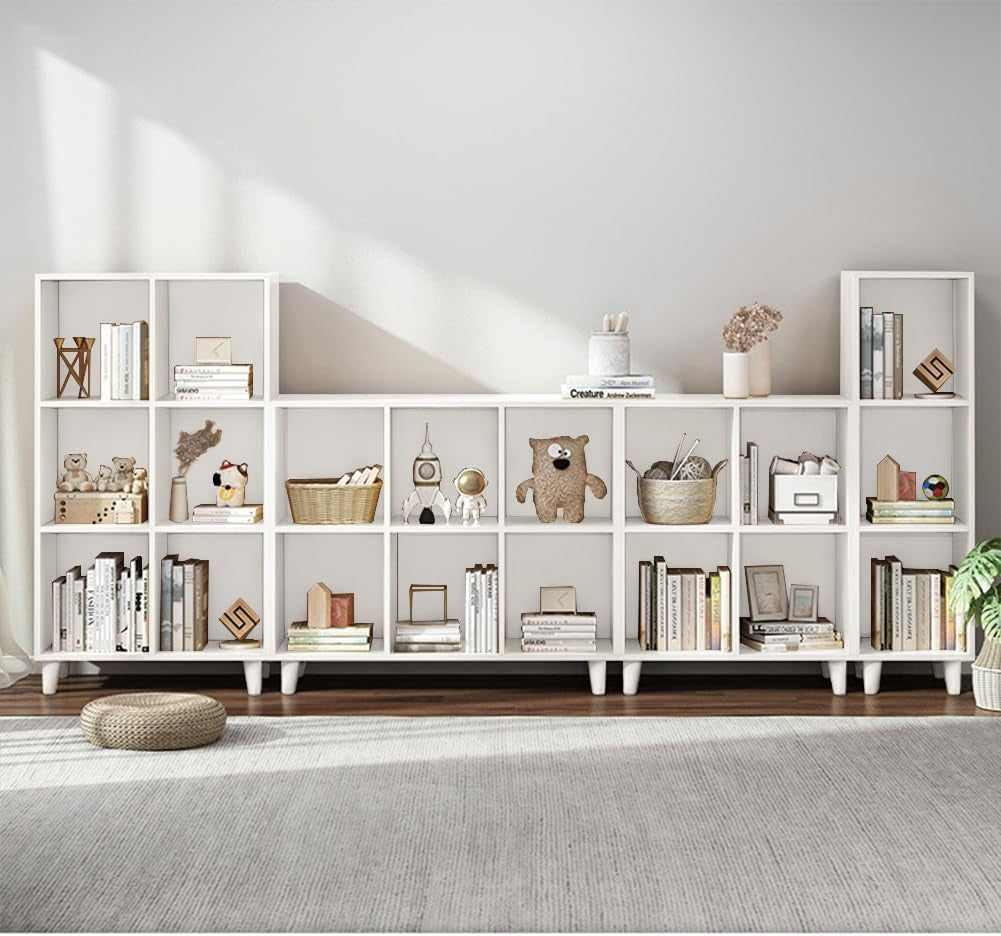 Open Cube Low Bookcase 3 Tier Freestanding White Bookshelf