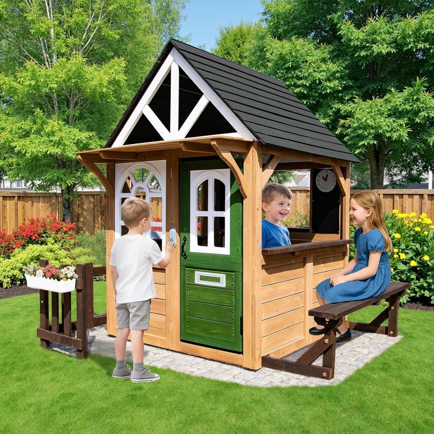 Cedar Gray Weather proof Kids Playhouse With Doorbell